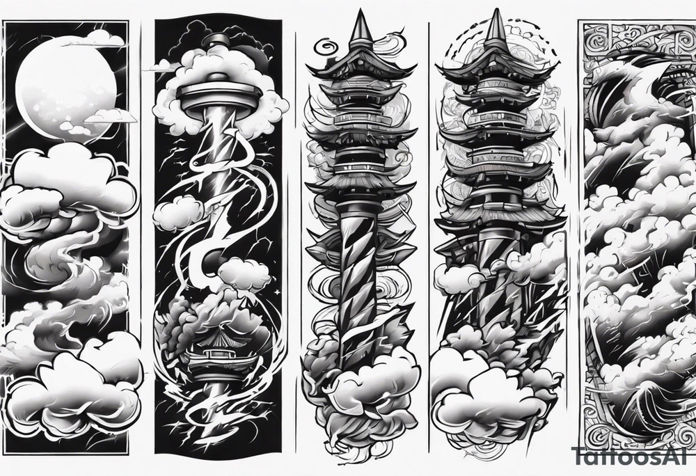 forearm sleeve lightning and clouds pattern tattoo idea