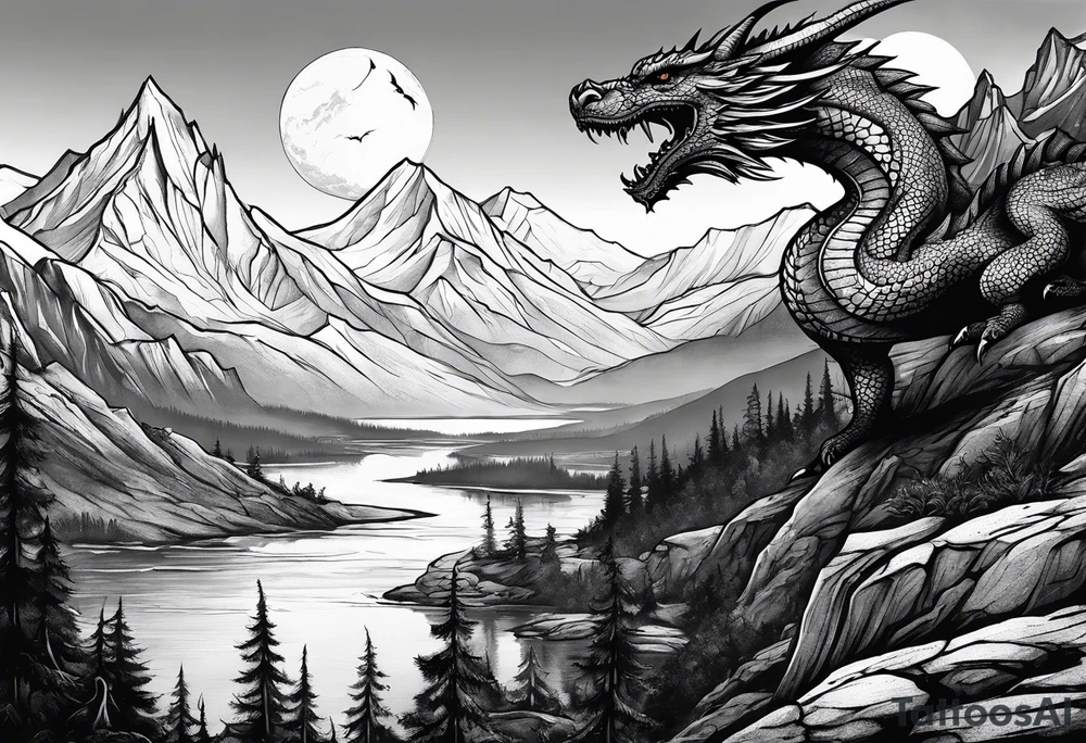 Slyrim mountain landscape with bleak falls barrow and a dragon eye in the sky tattoo idea