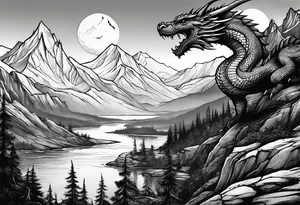Slyrim mountain landscape with bleak falls barrow and a dragon eye in the sky tattoo idea