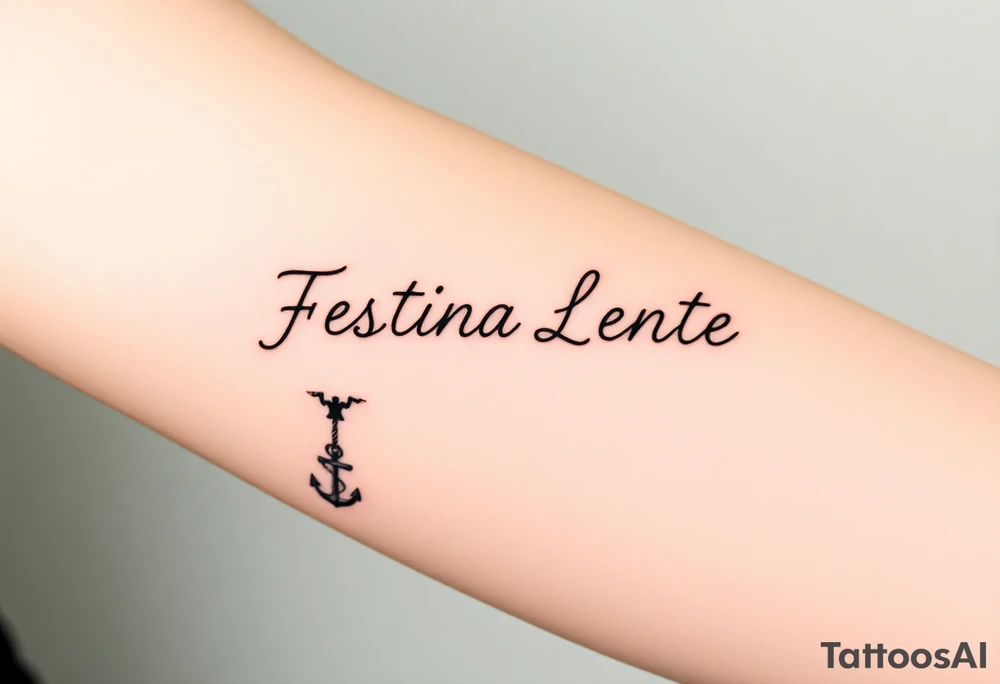 A small, minimal conceptual tattoo for the inner arm.
The phrase “Festina Lente” is not written traditionally; instead, the entire text is formed subtly from a single thin rope.
At the lower end of the rope, a small anchor is attached and appears embedded into the skin, symbolizing patience and stability.
At the opposite end, the rope is being pulled by a very small, minimal, symbolic devil silhouette representing haste.
The rope naturally twists and curves to form the letters of “Festina Lente”, so that at first glance it looks like an abstract rope composition, but upon closer inspection the text becomes readable.
Highly refined, modern calligraphic flow created by the rope itself, elegant and understated.
Black ink only, ultra-fine line work, minimal shading, strong use of negative space, contemporary 2026 tattoo style.
No traditional tattoo elements, no bold outlines, no old-school style, no decorative ornaments.
Clean, intelligent, subtle storytelling tattoo suitable for a small inner-arm placement. tattoo idea