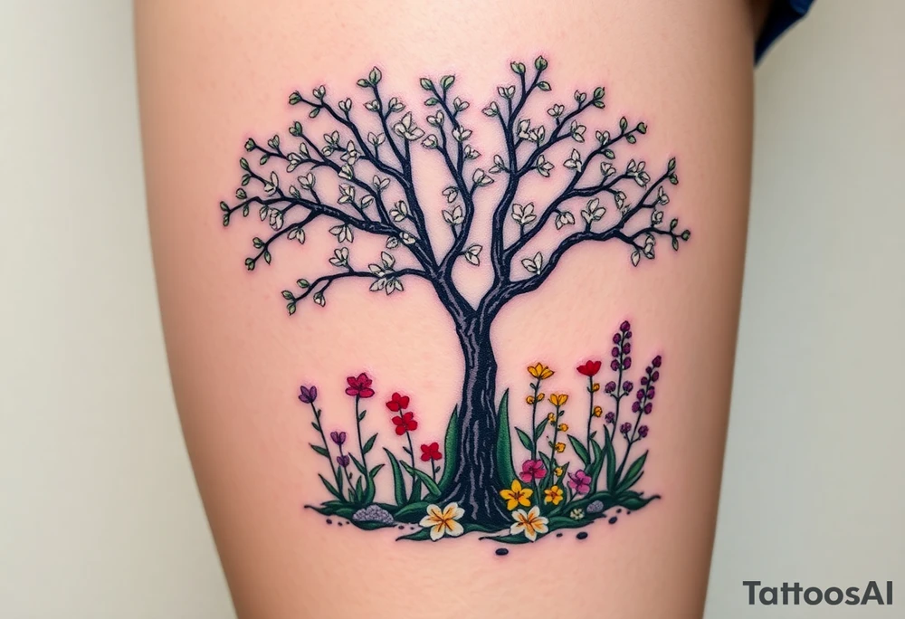Lilly of the vally plants underneath a blooming hawthorn tree with other colorful plants on ground tattoo idea