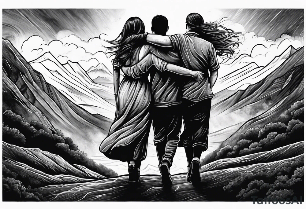 two sisters and bigger brother hugging together walking up hill through storm tattoo idea