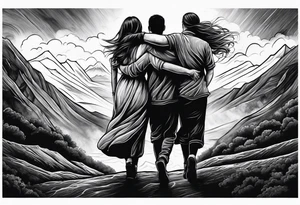 two sisters and bigger brother hugging together walking up hill through storm tattoo idea