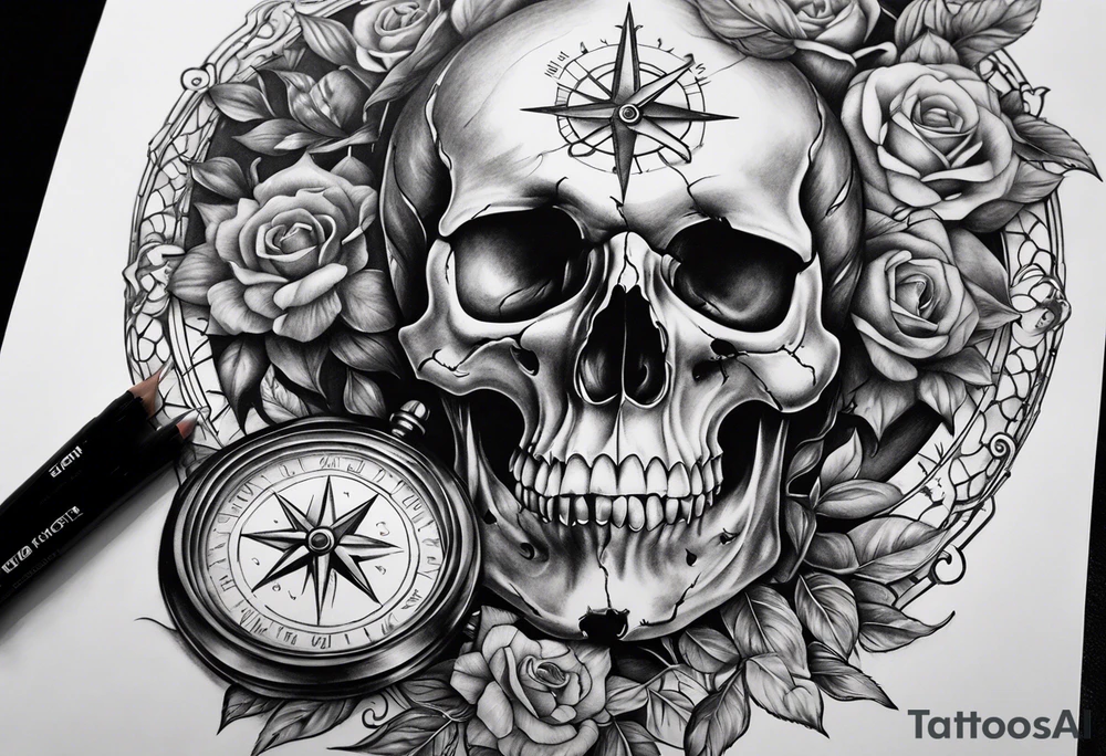 Skull, hourglass, compass tattoo idea