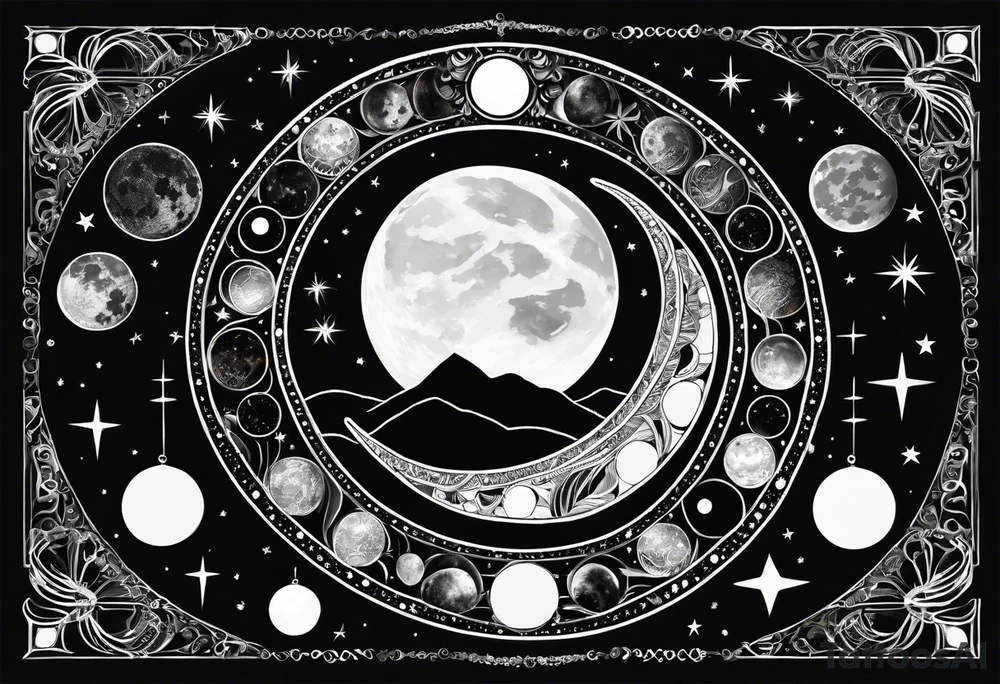 Fine line Snake around the moon phases with constellations tattoo idea