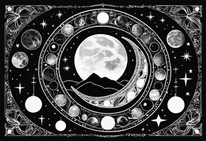 Fine line Snake around the moon phases with constellations tattoo idea