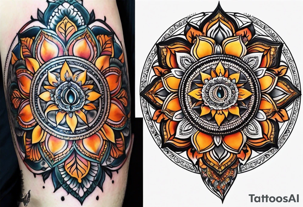 simple male moon mandala Knee tattoo in fall colors tattoo idea
