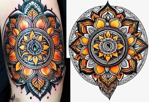 simple male moon mandala Knee tattoo in fall colors tattoo idea