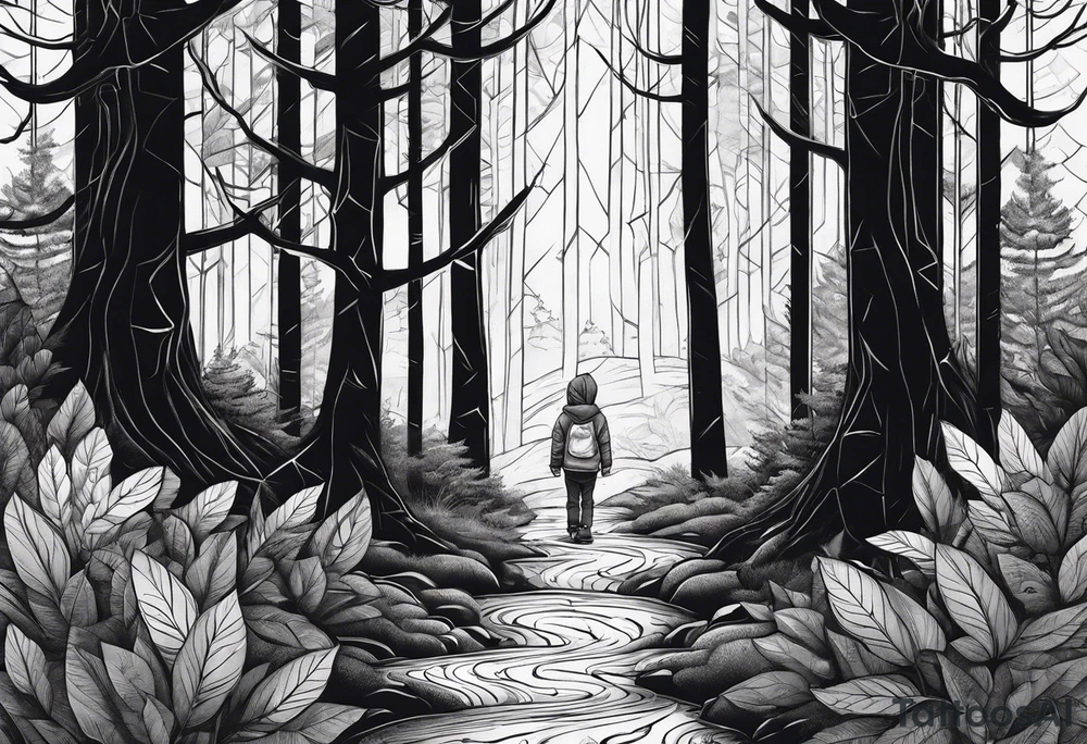 dark forest with alone child in hoody tattoo idea