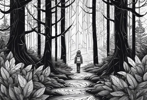 dark forest with alone child in hoody tattoo idea