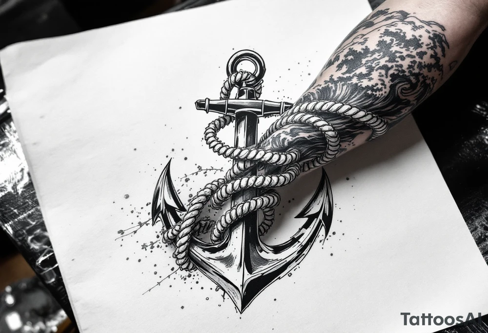 weathered anchor wrapped in nautical rope with sea waves tattoo idea