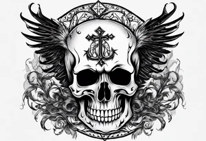 Un crâne assez hardcore avec une iroquoise sur le crâne style punk/métal avec des flammes derrière et avec 2 os qui forment une croix tattoo idea