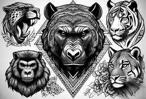 A gorilla, cheetah, rhino, rat, velociraptor, tiger and falcon tattoo idea