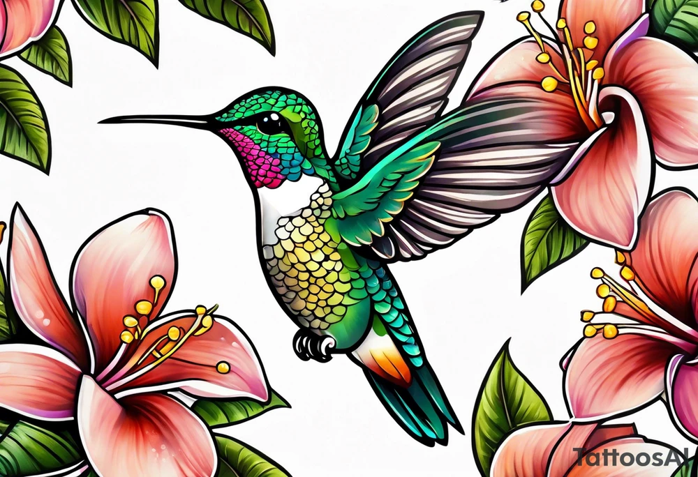 Hummingbird with a plumeria masculine style colorful tattoo idea