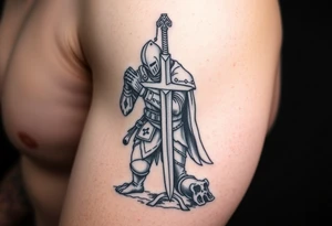 Weary knight with sword praying to the cross on one knee tattoo idea
