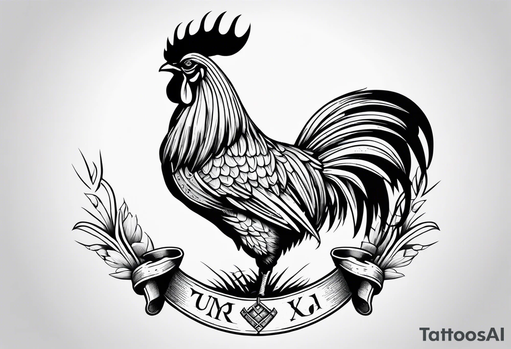 Buff rooster holding an axe with crabs on the end of the axe tattoo idea