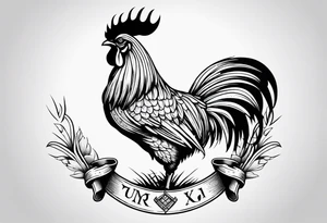 Buff rooster holding an axe with crabs on the end of the axe tattoo idea