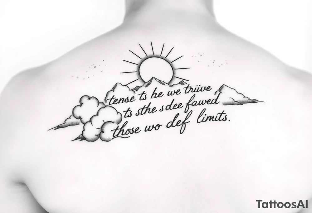 Falling angles in clouds with sunshine that says the horizon temps those who defy limits in cursive on the top on a forearm tattoo idea