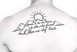 Falling angles in clouds with sunshine that says the horizon temps those who defy limits in cursive on the top on a forearm tattoo idea