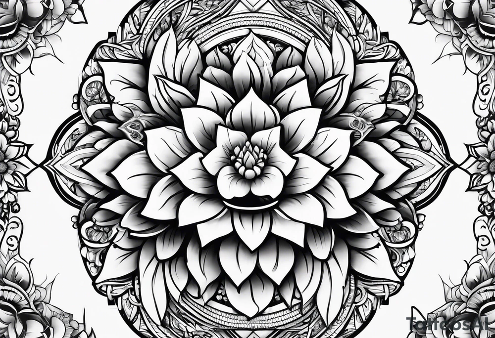 SLeve with flowers and geometrical design tattoo idea