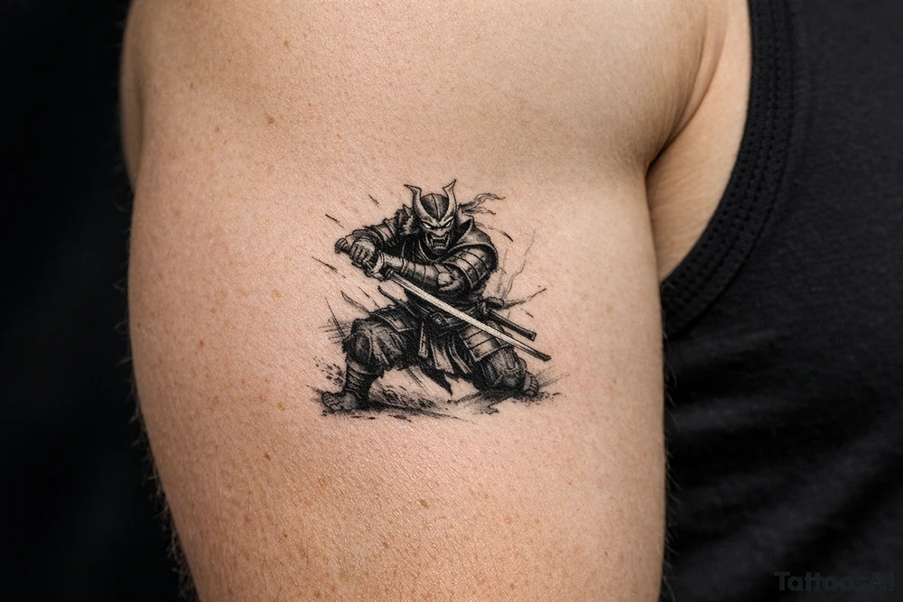 Full body samurai warrior in black and grey, mask prominent, dynamic battle pose, muted tones. tattoo idea