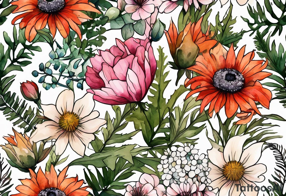 wildflowers with thistles, ferns, white flowers, cream flowers, green flowers, pink flowers, burnt orange flowers, red flowers and all in watercolor tattoo idea