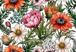 wildflowers with thistles, ferns, white flowers, cream flowers, green flowers, pink flowers, burnt orange flowers, red flowers and all in watercolor tattoo idea