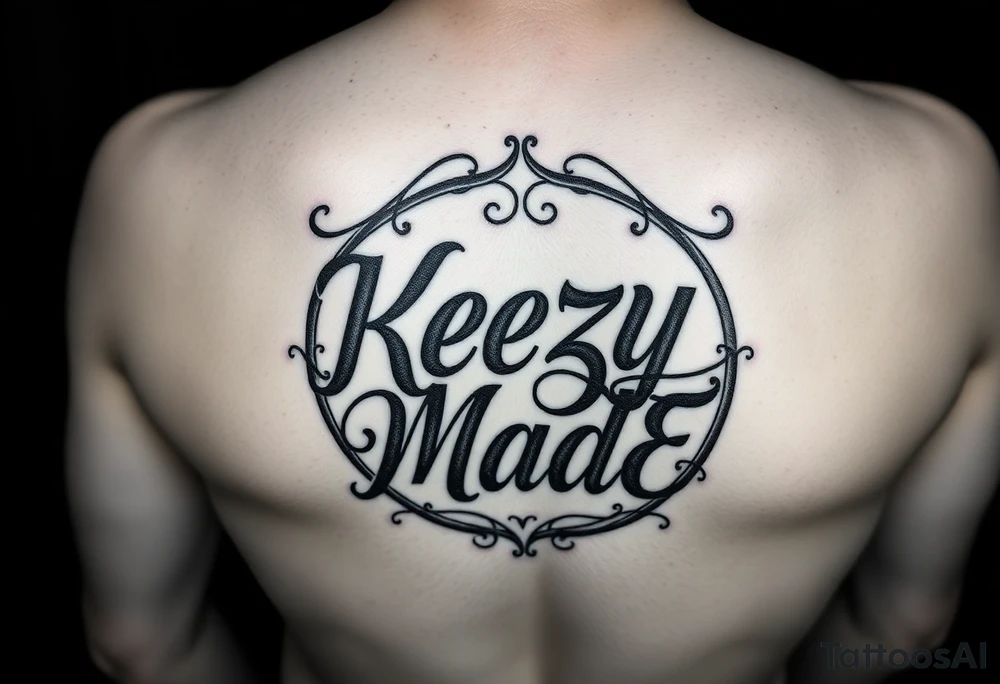 A fancy but rugged twisted and intertwined circular arched curvy lettering in a circular  that would be clothing brand style that says (KeezY MadE) tattoo idea