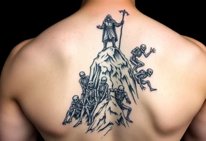 Necromancer on a mountain top, raising zombies and skeletons from the dead below. The zombies and skeletons are climbing up to him,  piling up to climb the mountain tattoo idea