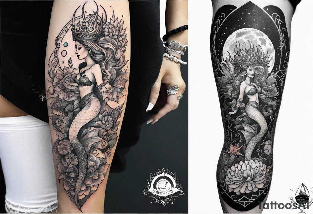 Lower leg tattoo. Mermaid with trident and crown, sea turtle, compass, shells, flowers, cresent moon tattoo idea