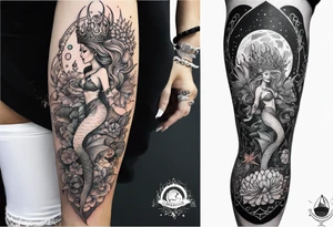 Lower leg tattoo. Mermaid with trident and crown, sea turtle, compass, shells, flowers, cresent moon tattoo idea