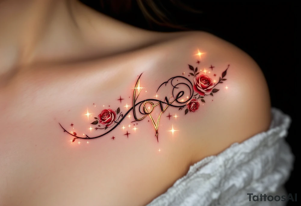 A mystical love runey with golden light, surrounded by a faint magical aura. The symbol itself is engraved with sharp, symmetrical lines, and small roses wrap around the edges. The tattoo evokes timeless love, with deep red accents and delicate glowing stars scattered around it. tattoo idea