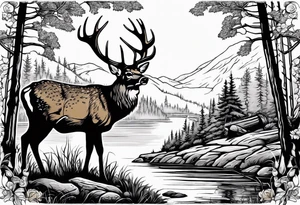 Deer, fishing, morel mushroom, crossbow, rifle & out door scenery tattoo idea