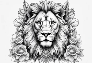 Full sleeve with Lion, cross, praying hands, Scarlett, Faith, angels gods tattoo idea