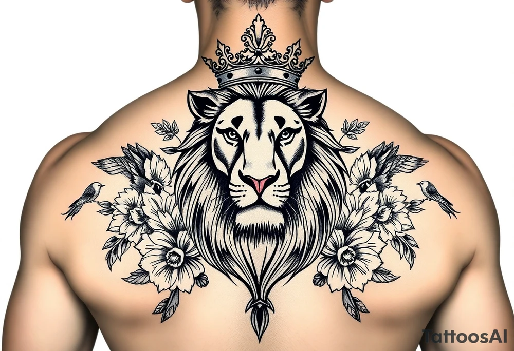 powerful majestic lion with a crown, surrounded by floral ornaments and birds tattoo idea