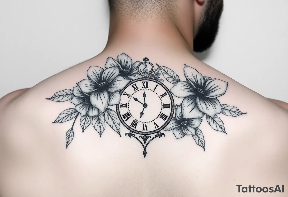 Pretty flowers with 8/20/65 included and leo sign with a heart clock on shoulder tattoo idea