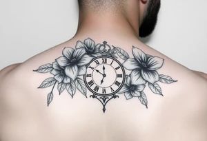 Pretty flowers with 8/20/65 included and leo sign with a heart clock on shoulder tattoo idea