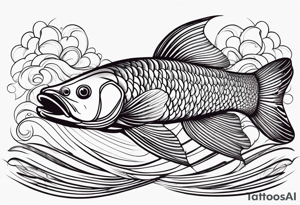 Arowana fish in waves with lotus tattoo idea