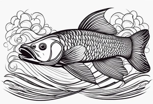 Arowana fish in waves with lotus tattoo idea