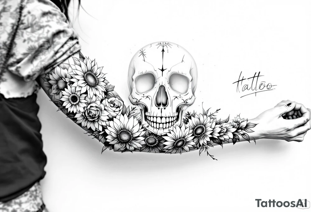 ornate skull adorned with wild roses and sunflowers tattoo idea