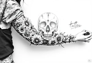 ornate skull adorned with wild roses and sunflowers tattoo idea
