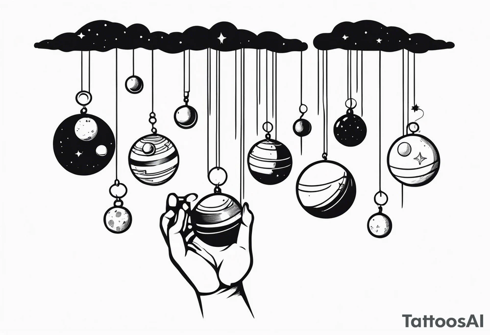 Human hand dangling planets from fingertips tattoo idea