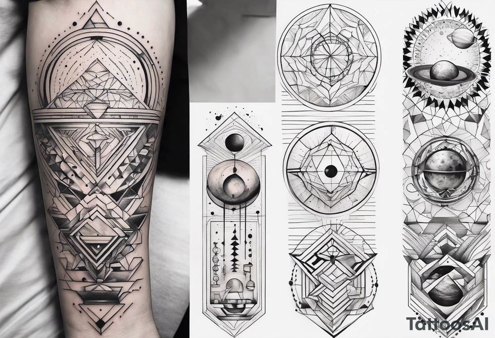 I want a linear geometrical tattoo along the arm with space between, comibining line and circle, refering to science, programmation and space tattoo idea