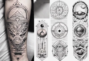 I want a linear geometrical tattoo along the arm with space between, comibining line and circle, refering to science, programmation and space tattoo idea