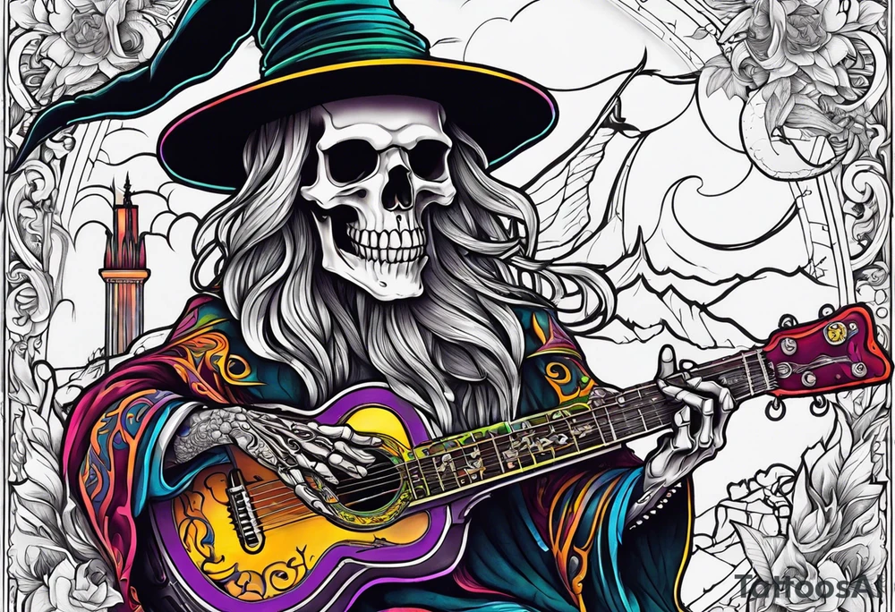 Wizard skeleton with guitar tattoo idea