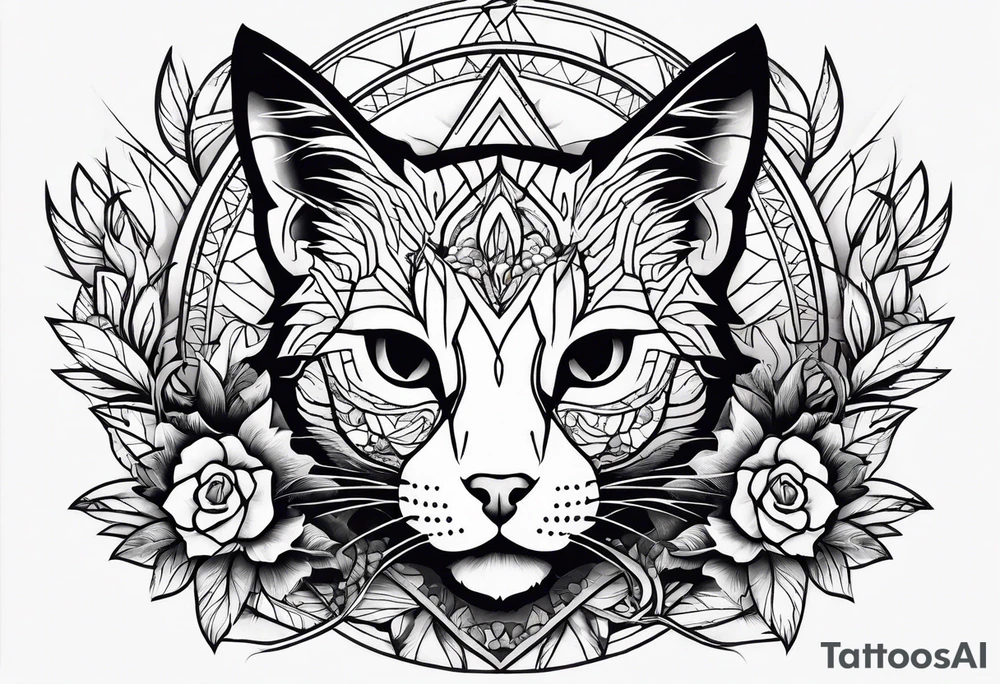 nature element with cat and skull tattoo idea