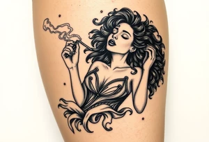 Curly haired Woman smoking while floating in outer space tattoo idea