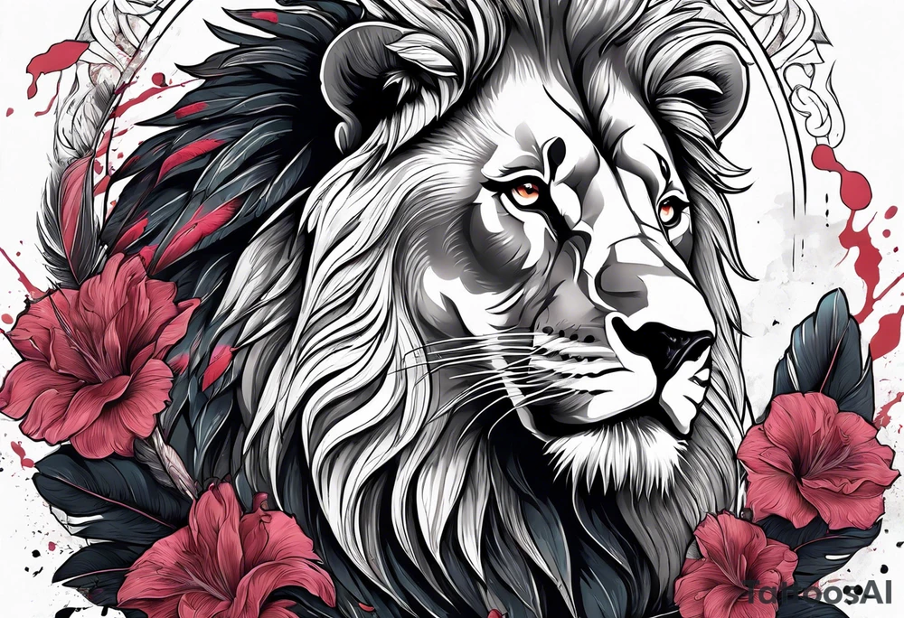 powerful majestic lion, eating a flamingo with feathers and blood and guts tattoo idea