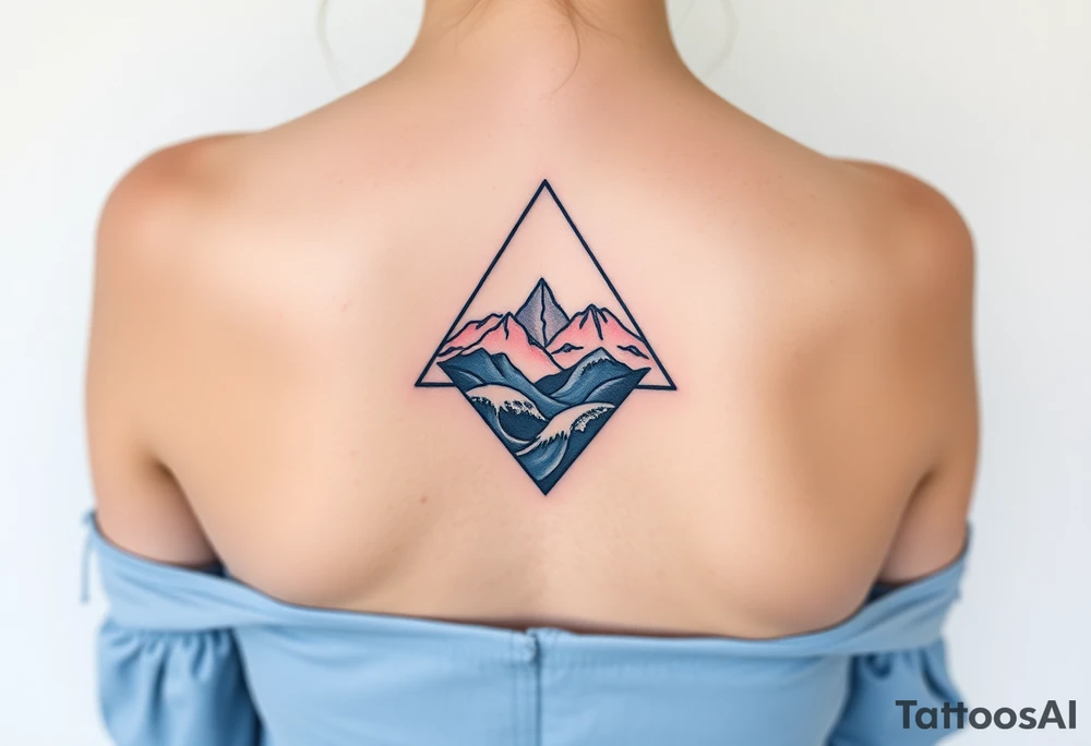 A triangle with a big heart in the center with an ocean mountain theme tattoo idea
