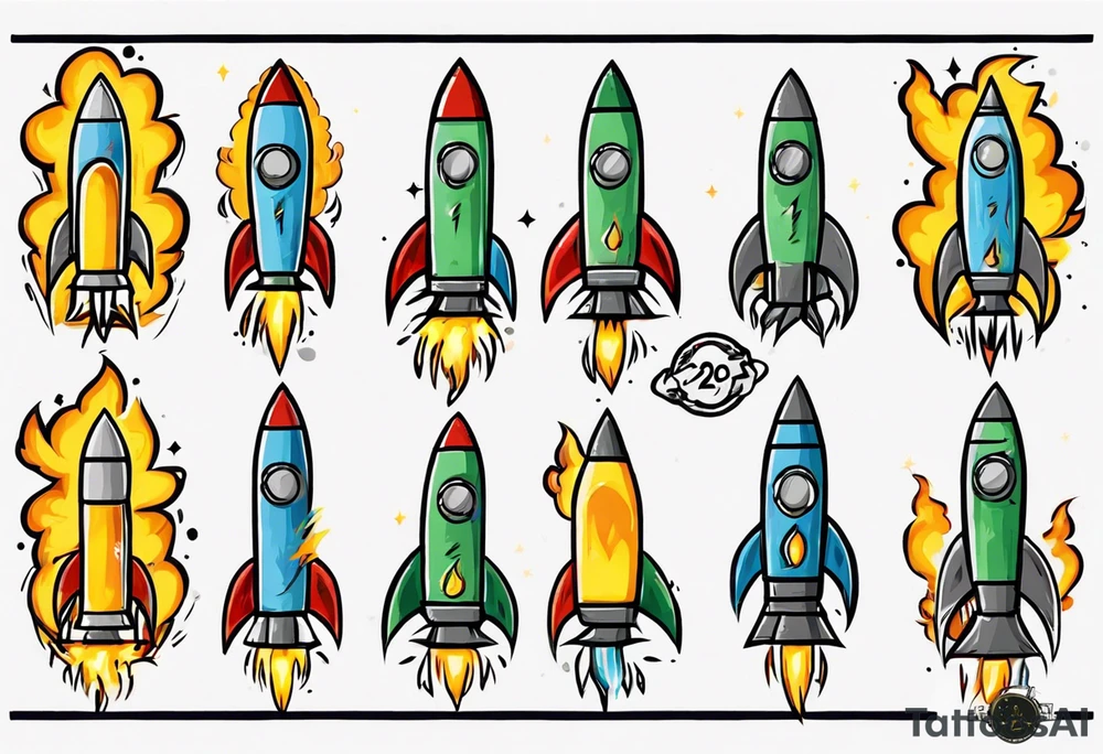 Simple cartoon rocket in green, gray, yellow, blue

Fire coming out the rocket

Black ring around the rocket with "26.2" written at the 10 o-clock position tattoo idea